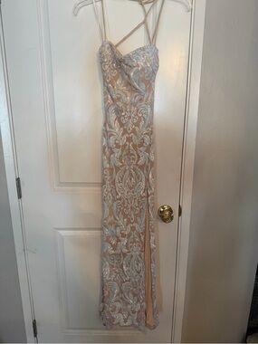 Windsor Nude and Silver Sequin Lace Evening Dress